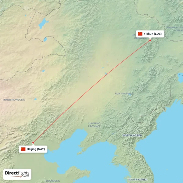 Yichun - Beijing direct flight map