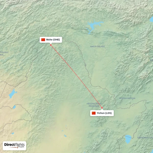 Yichun - Mohe direct flight map