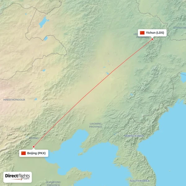 Yichun - Beijing direct flight map