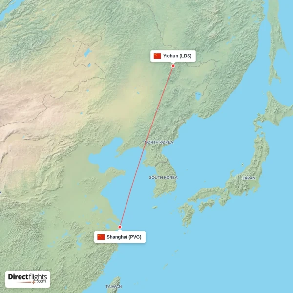 Yichun - Shanghai direct flight map