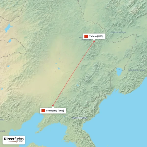 Yichun - Shenyang direct flight map