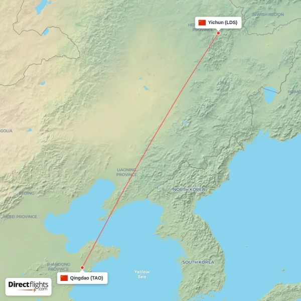 Yichun - Qingdao direct flight map