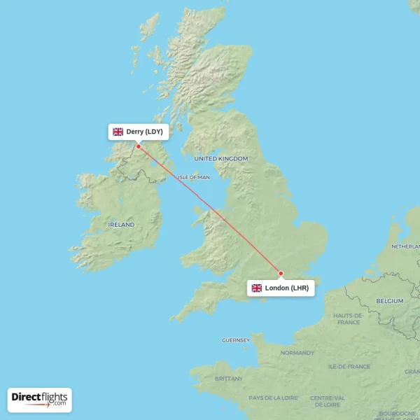 Derry - London direct flight map