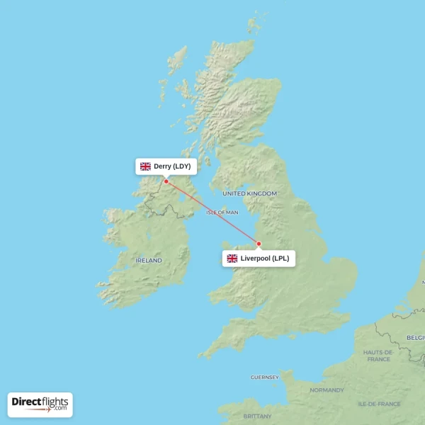 Derry - Liverpool direct flight map