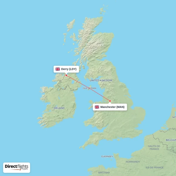 Derry - Manchester direct flight map