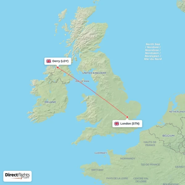 Derry - London direct flight map