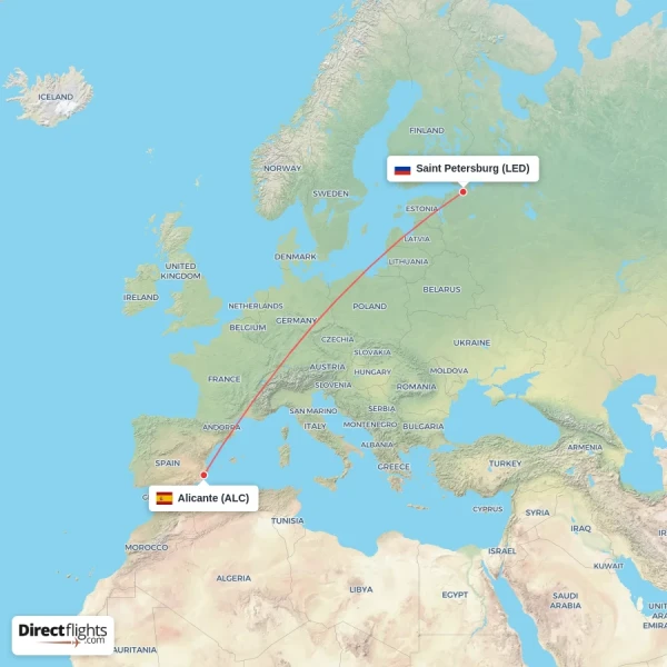 Saint Petersburg - Alicante direct flight map
