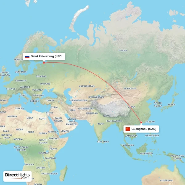 Saint Petersburg - Guangzhou direct flight map