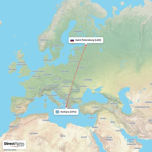 Saint Petersburg - Kerkyra direct flight map