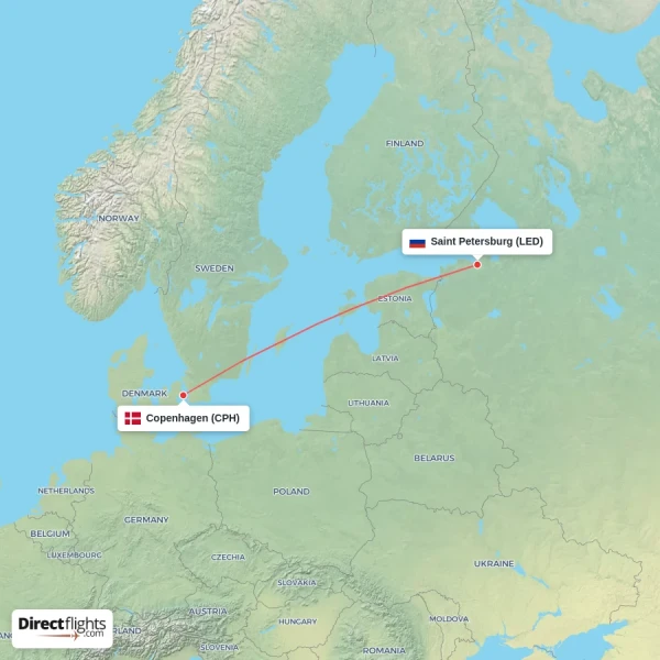 Saint Petersburg - Copenhagen direct flight map