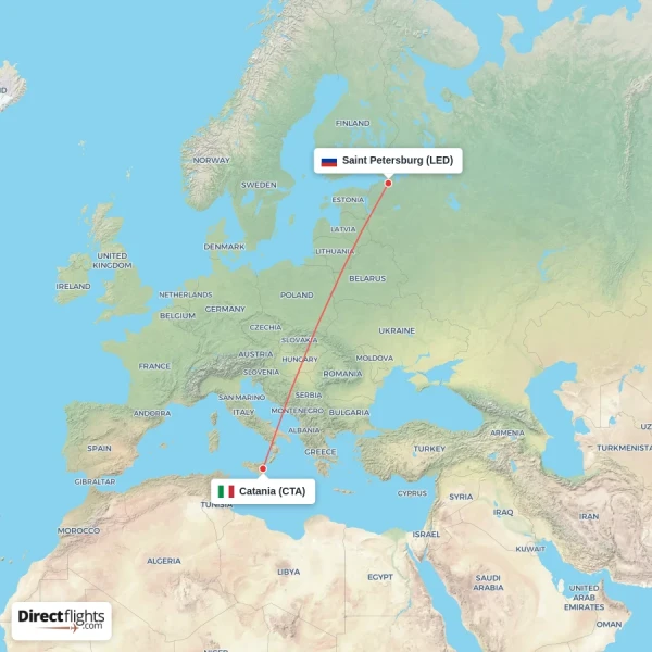 Saint Petersburg - Catania direct flight map