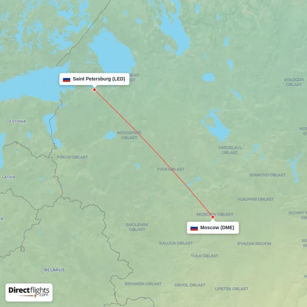 Saint Petersburg - Moscow direct flight map