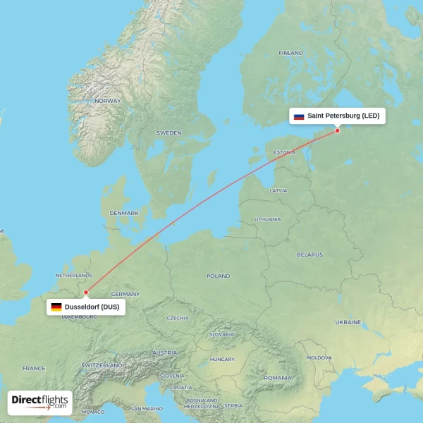 Saint Petersburg - Dusseldorf direct flight map