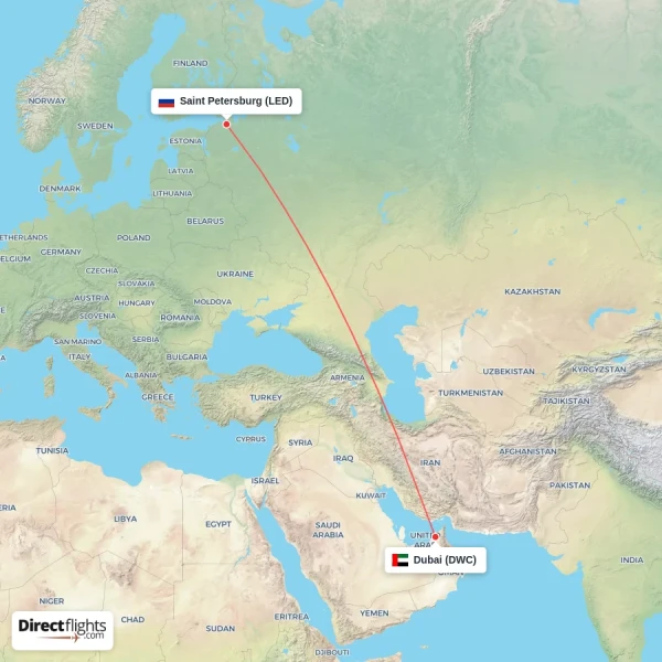 Saint Petersburg - Dubai direct flight map