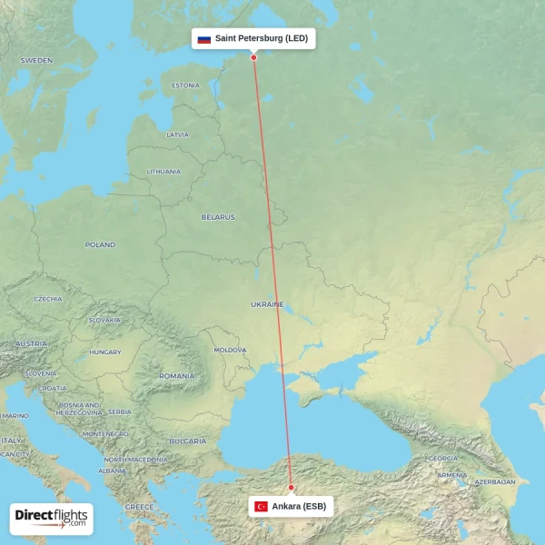 Saint Petersburg - Ankara direct flight map