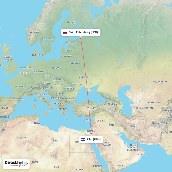 Saint Petersburg - Eilat direct flight map