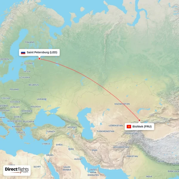 Saint Petersburg - Bishkek direct flight map