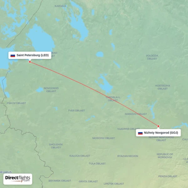 Saint Petersburg - Nizhniy Novgorod direct flight map