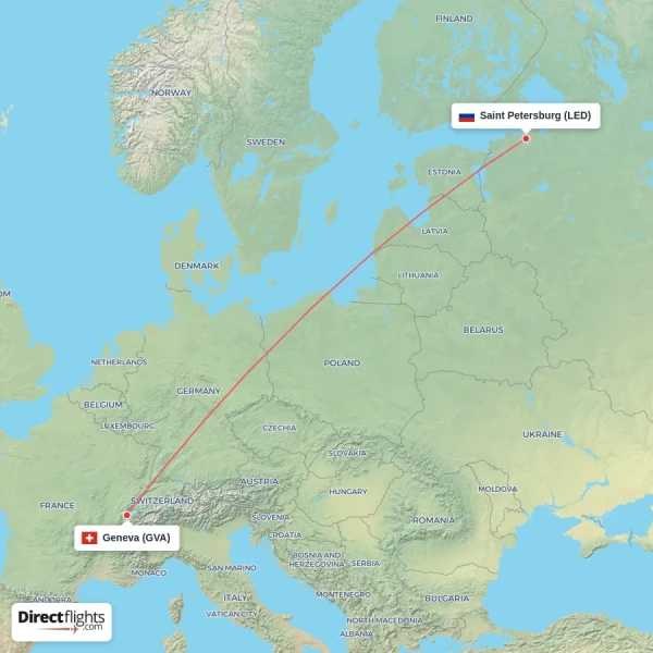 Saint Petersburg - Geneva direct flight map