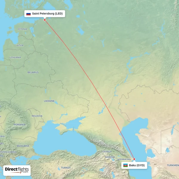 Saint Petersburg - Baku direct flight map