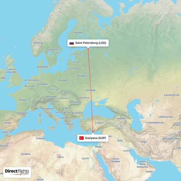 Saint Petersburg - Gazipasa direct flight map