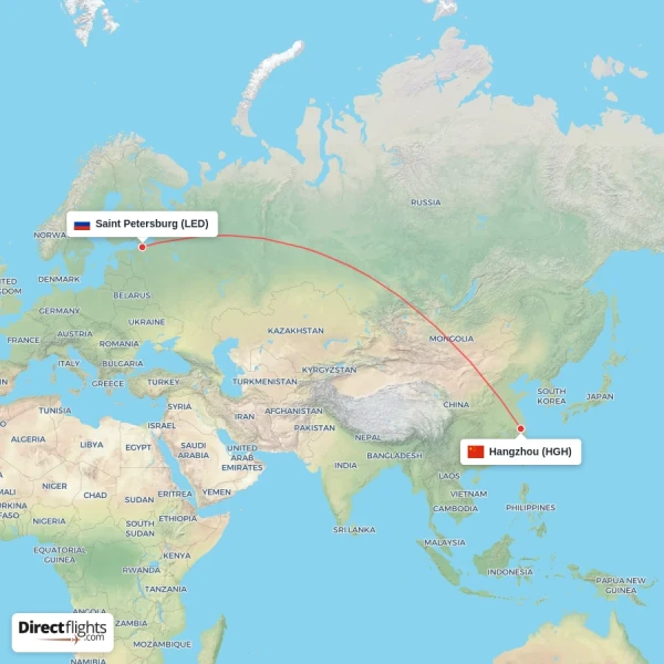 Saint Petersburg - Hangzhou direct flight map