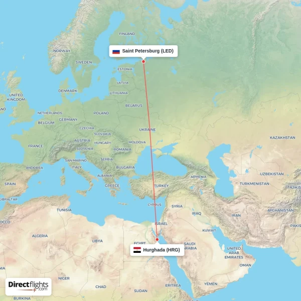 Saint Petersburg - Hurghada direct flight map