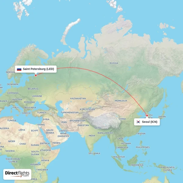 Saint Petersburg - Seoul direct flight map