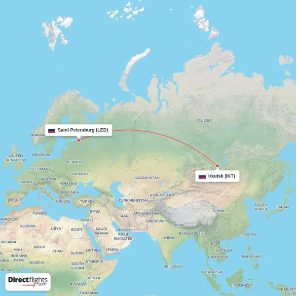 Saint Petersburg - Irkutsk direct flight map