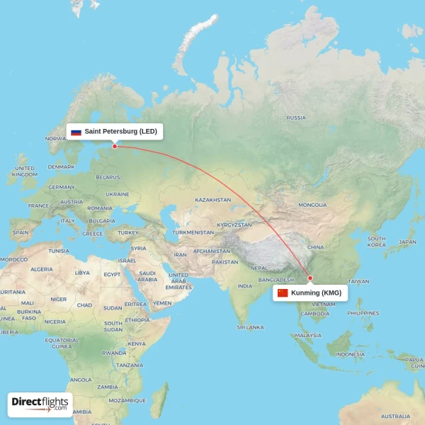 Saint Petersburg - Kunming direct flight map