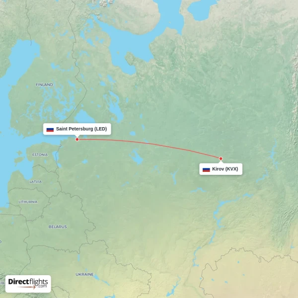 Saint Petersburg - Kirov direct flight map