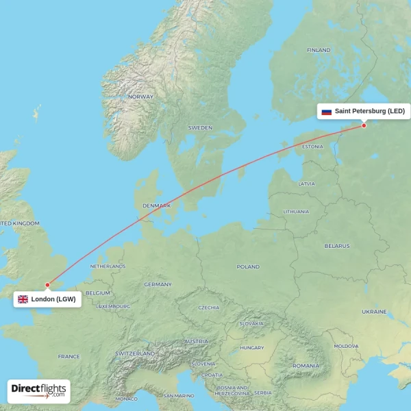 Saint Petersburg - London direct flight map