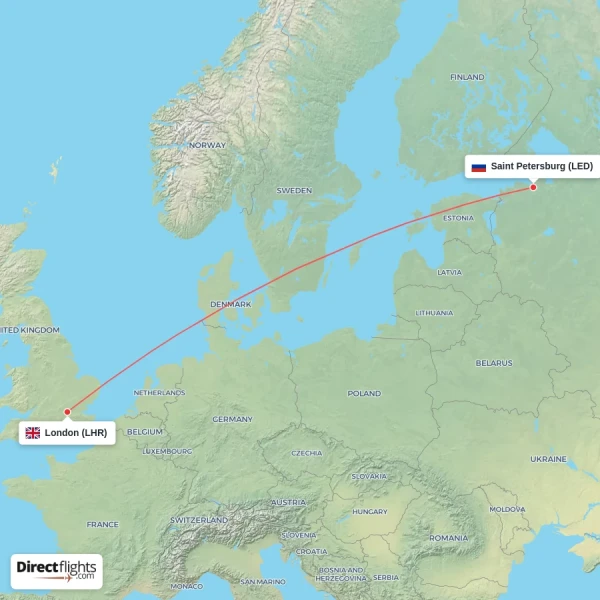 Saint Petersburg - London direct flight map