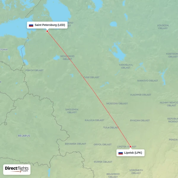 Saint Petersburg - Lipetsk direct flight map
