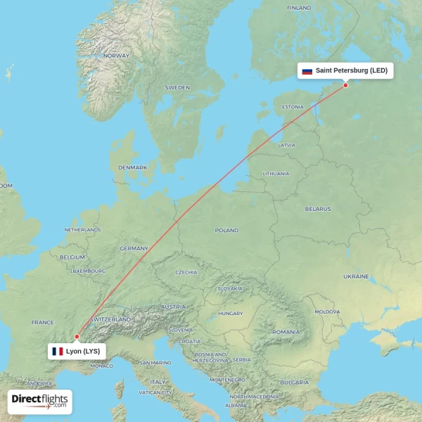 Saint Petersburg - Lyon direct flight map