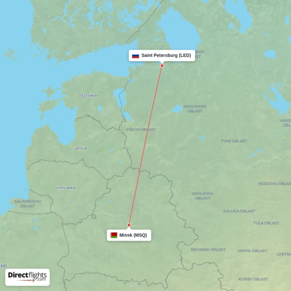 Saint Petersburg - Minsk direct flight map