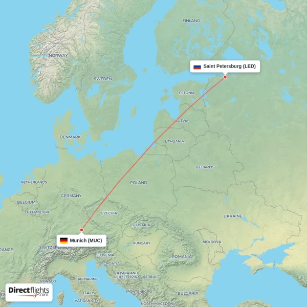Saint Petersburg - Munich direct flight map