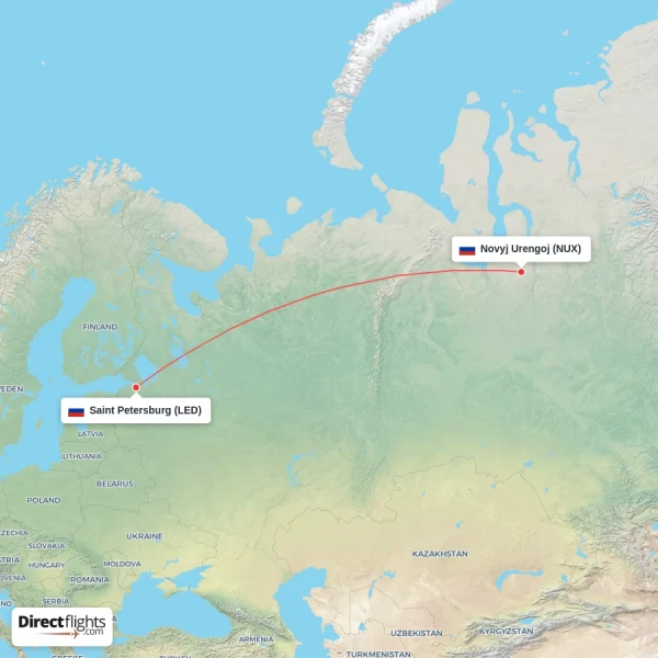 Saint Petersburg - Novyj Urengoj direct flight map