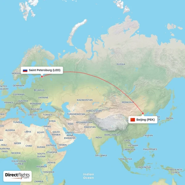 Saint Petersburg - Beijing direct flight map