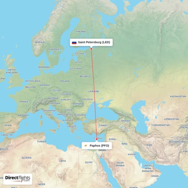 Saint Petersburg - Paphos direct flight map