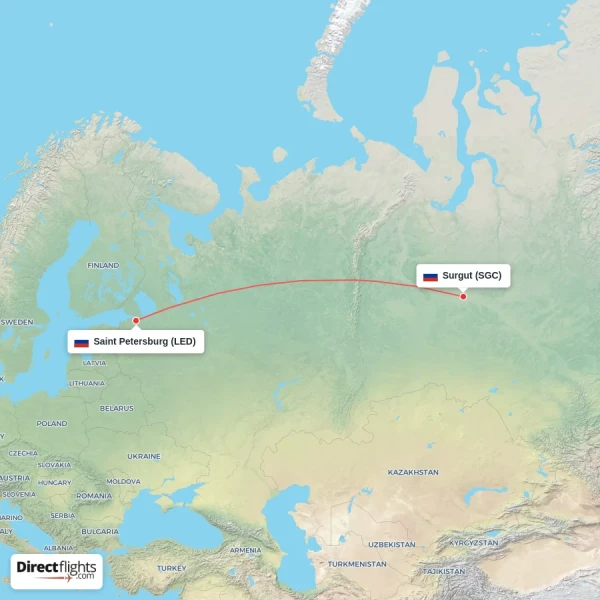 Saint Petersburg - Surgut direct flight map