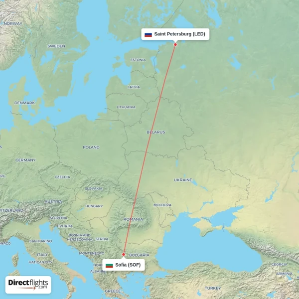 Saint Petersburg - Sofia direct flight map
