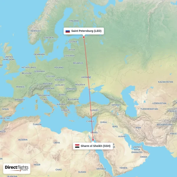 Saint Petersburg - Sharm el Sheikh direct flight map