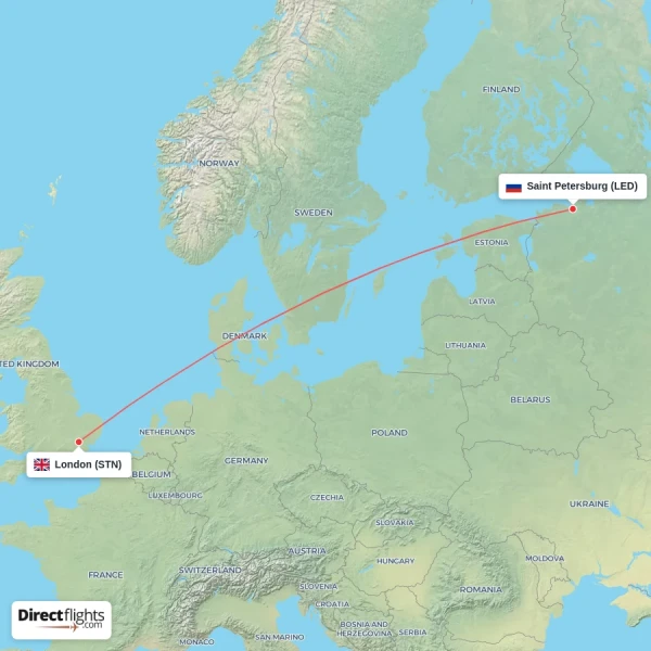 Saint Petersburg - London direct flight map