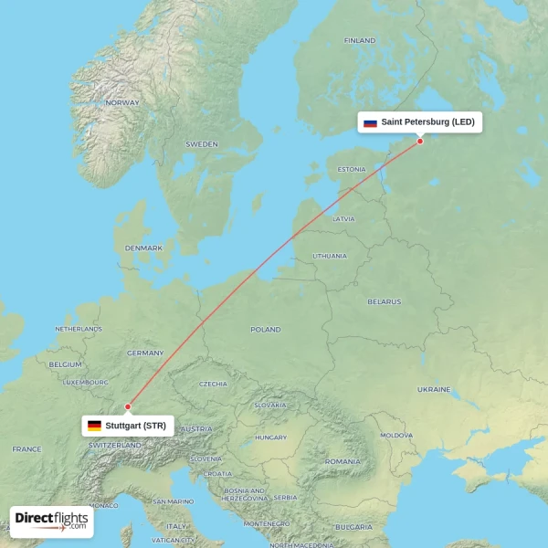 Saint Petersburg - Stuttgart direct flight map