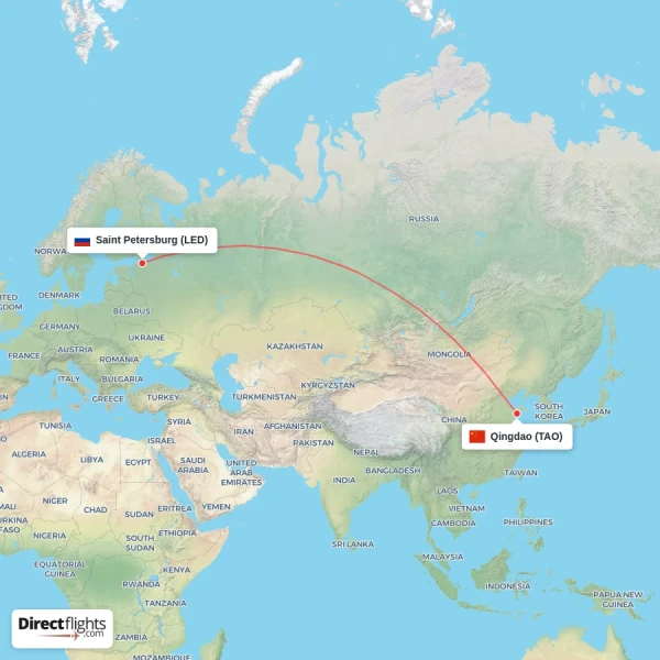 Saint Petersburg - Qingdao direct flight map