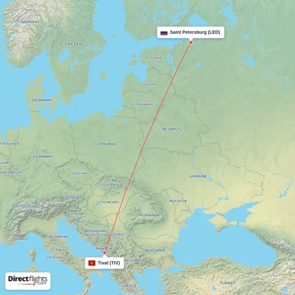 Saint Petersburg - Tivat direct flight map