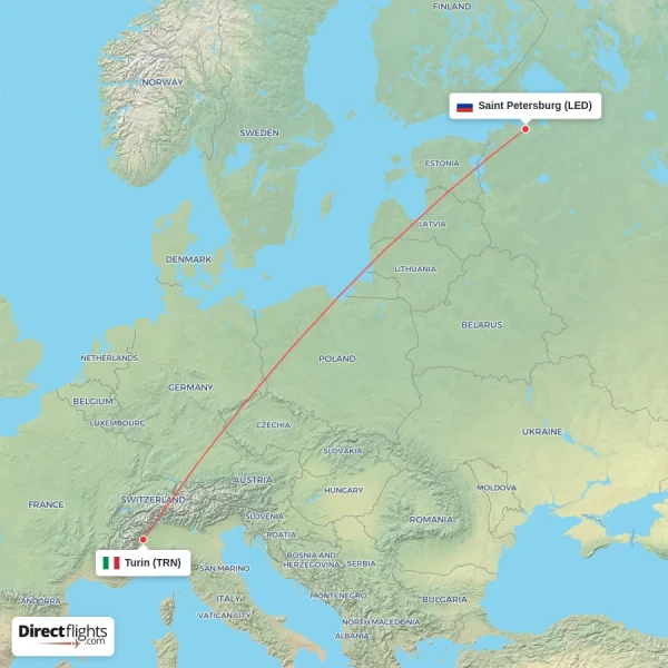 Saint Petersburg - Turin direct flight map