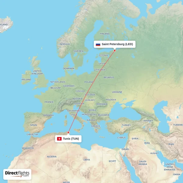 Saint Petersburg - Tunis direct flight map