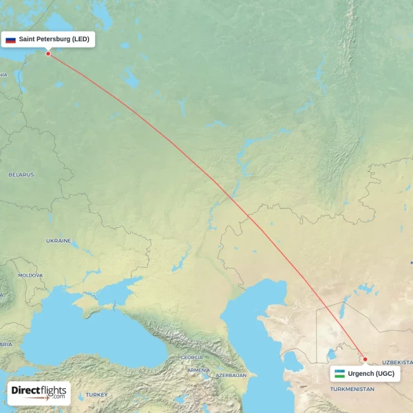 Saint Petersburg - Urgench direct flight map